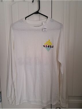 PacSun White Long-Sleeve 'VIBES' Graphic Tee Beachy Sun & Waves Casual Top Men S